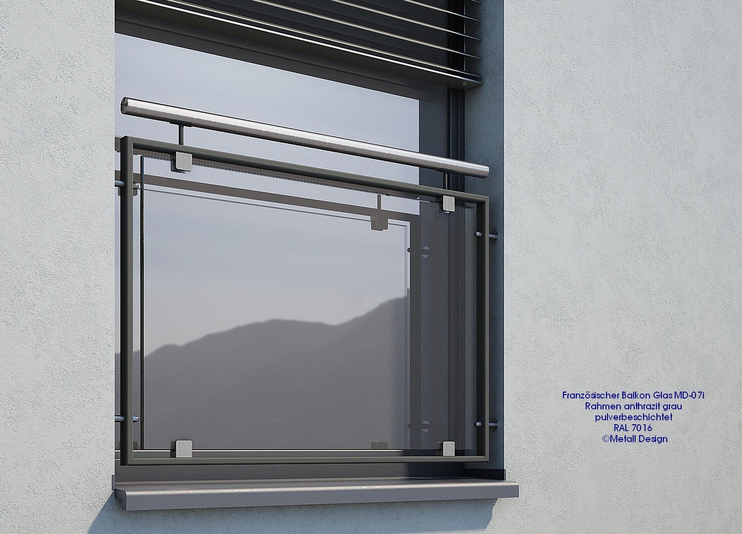 Französischer Balkon Glas pulverbeschichtet MD 07ip anthrazitgrau RAL7016 mit Handlauf Edelstahl