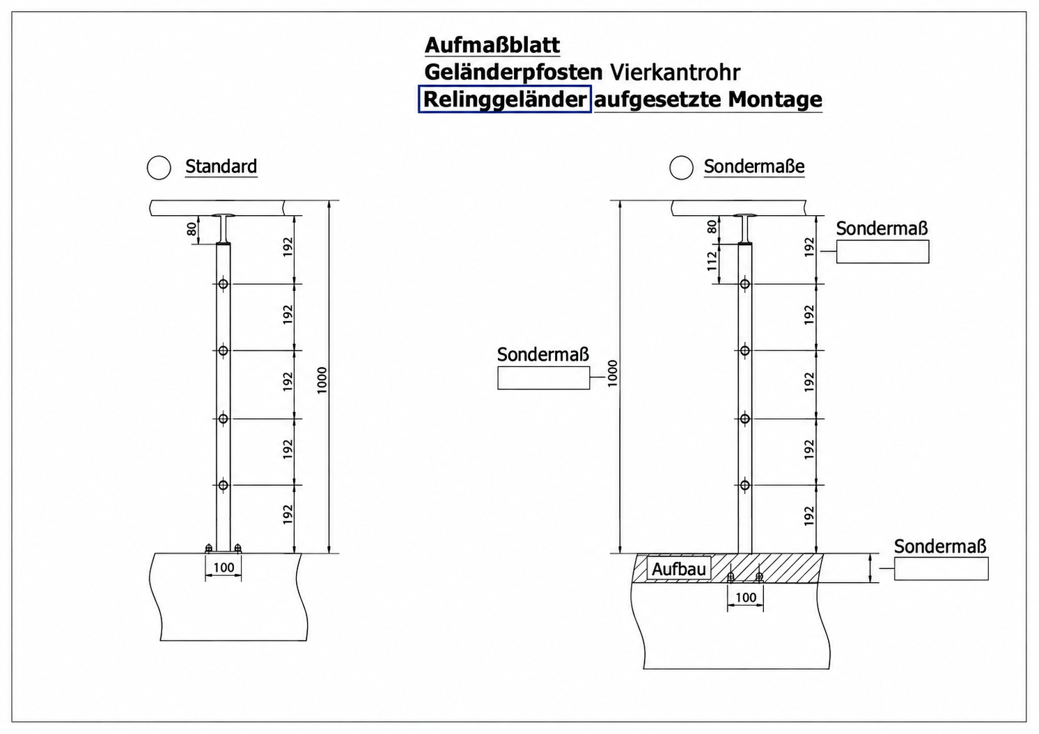 Zeichnung für Geländerpfosten Vierkantrohr mit 4 Stück Querstabhaltern aufgesetze Montage