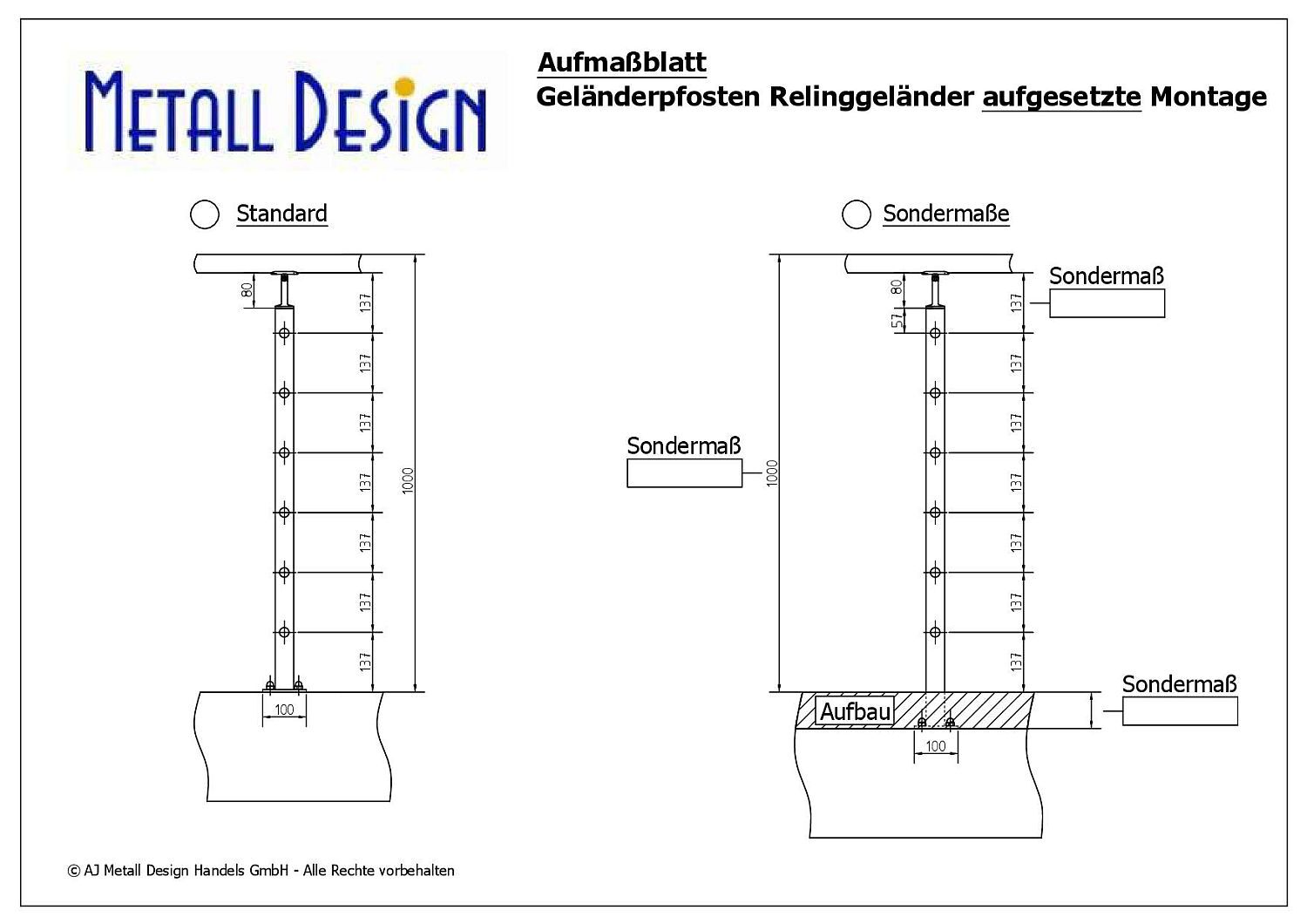 Maße Relinggeländerpfosten aus Edelstahl