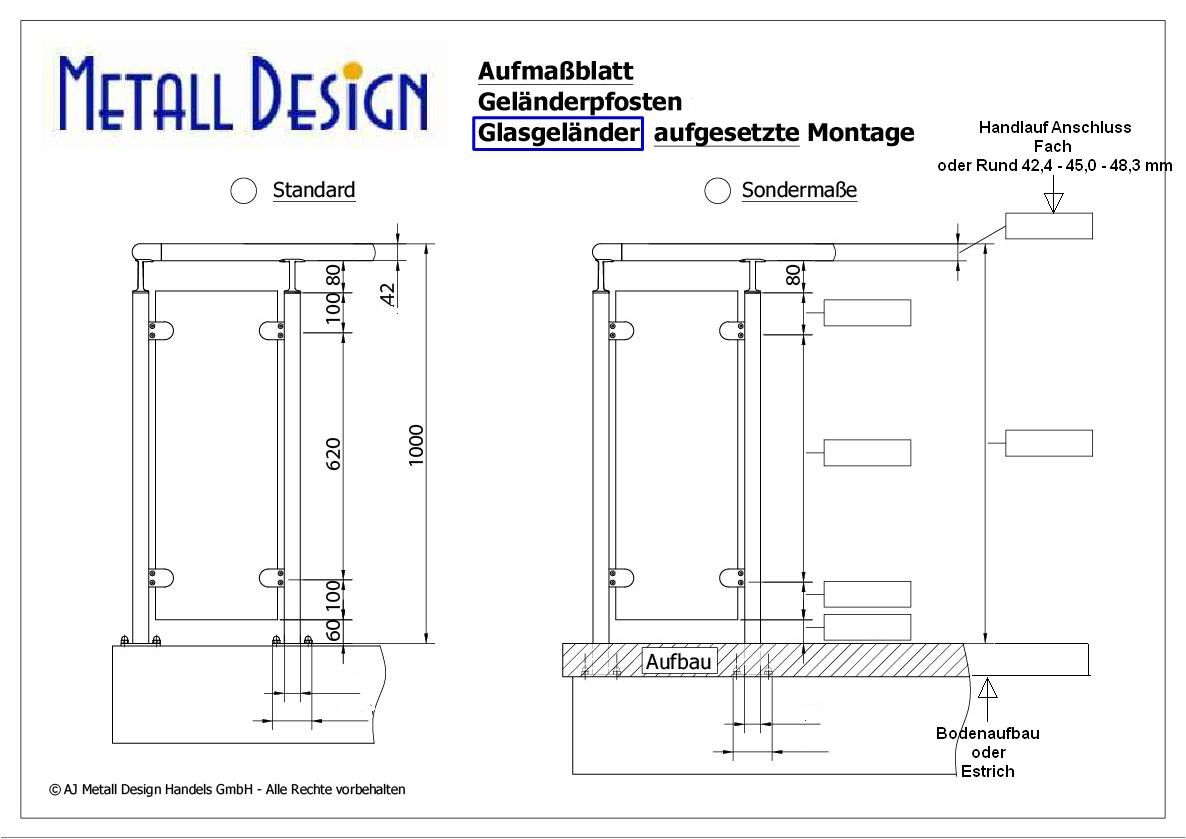 Maße für Geländerpfosten Edelstahl, aufgesetzte Montage.