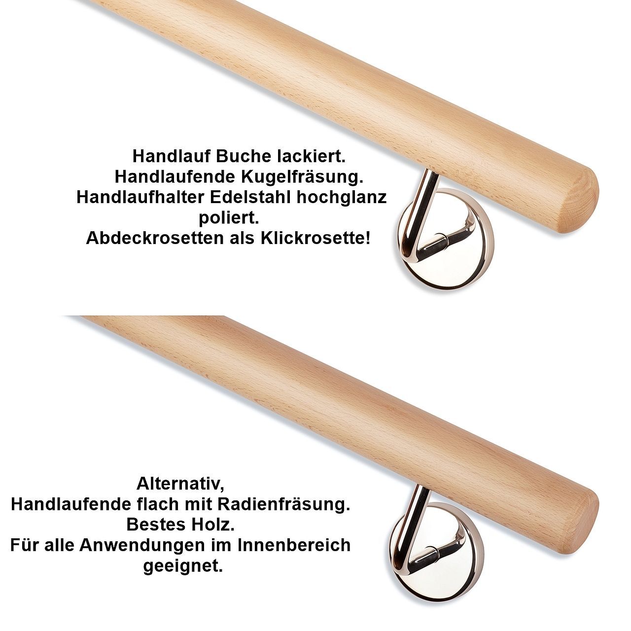 Handlauf Buche Handlaufhalter Edelstahl Hochglanz Handlaufende Kugel oder flach.