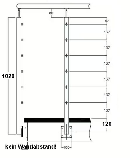 Sonderposten Geländerpfosten 1020 mm kein Wandabstand Vierkantrohr Relinggeländer seitliche Montage 6 Stabhalter Edelstahl