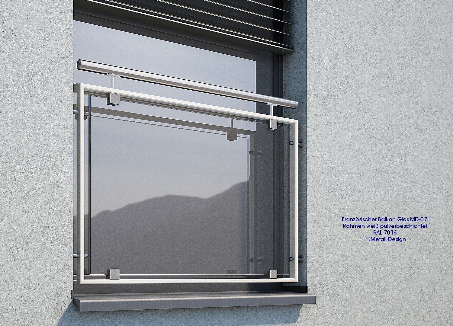 Französischer Balkon Glas weiß pulverbeschichtet MD 07ip Montage in der Fensteröffnung