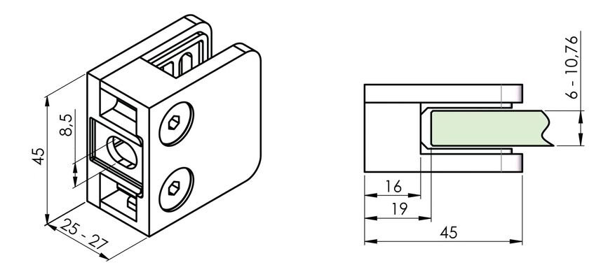 Glashalter Edelstahl 45mm x 45mm G02 flacher Anschluss