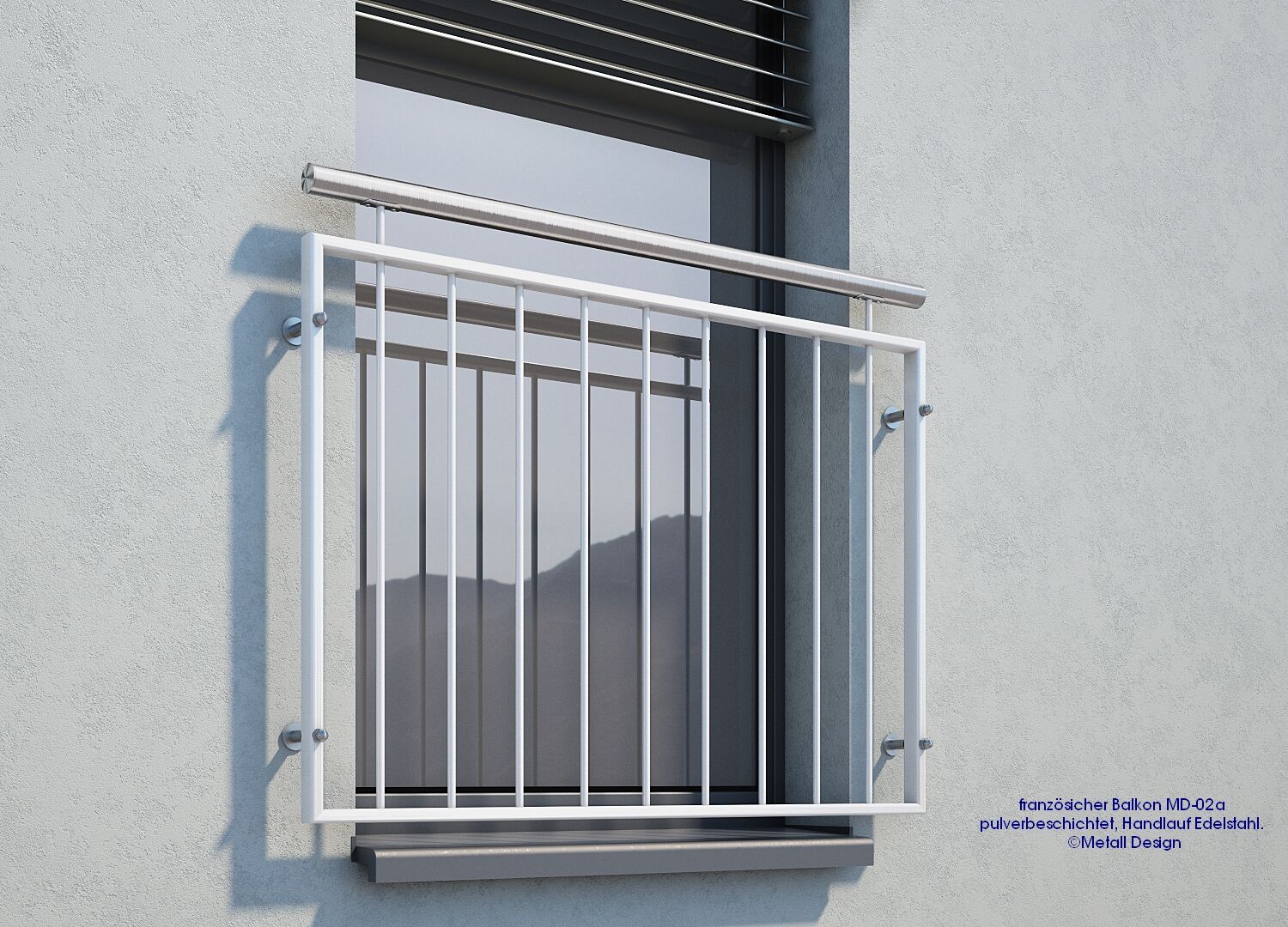 Französischer Balkon weiß pulverbeschichtet MD 02aP RAL9016 Montage auf der Hauswand
