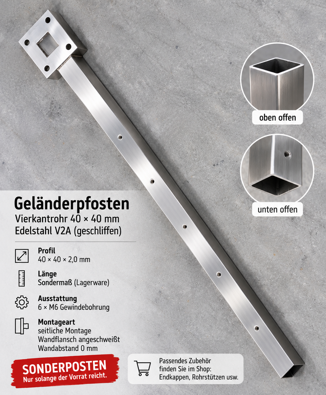 Restposten Geländerpfosten kein Wandabstand 40x40x2,0mm