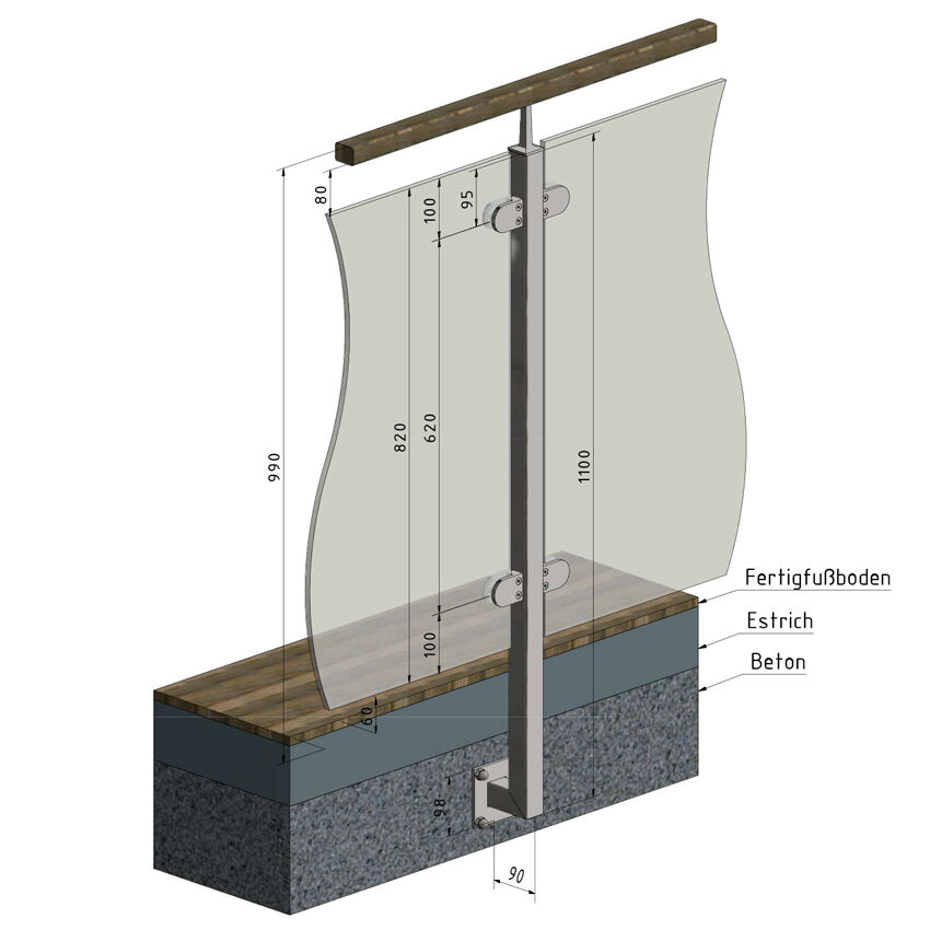 Geländerpfosten Vierkantrohr VGS-02 Mittelpfosten seitliche Montage für Glasgeländer
