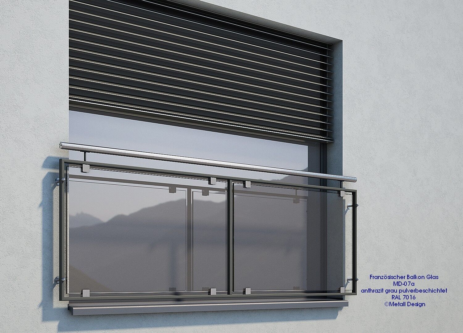 Fenstergeländer Glas pulverbeschichtet grau mit Handlauf Edelstahl