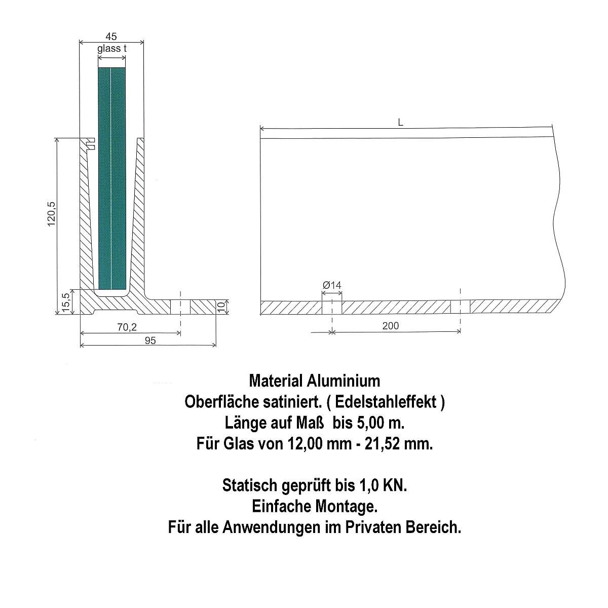 Ganzglasgeländer aufgesetzte Montage für alle Geländer mit Bodenprofilen aus Aluminium