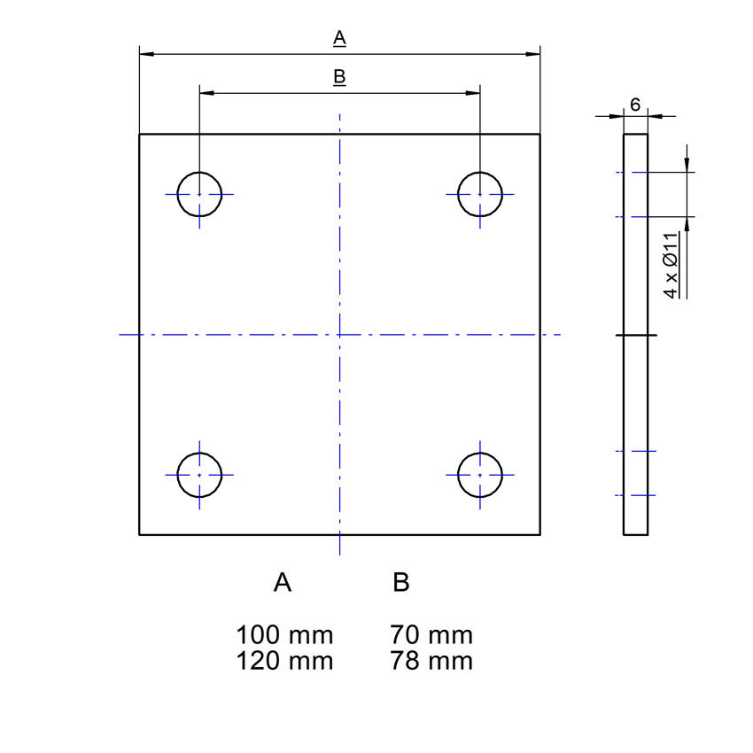Ankerplatte Edelstahl Quadrat technische Zeichnung