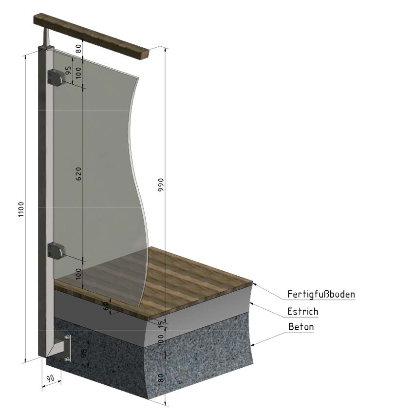Geländerpfosten Vierkantrohr VGS-04 für Glasgeländer, seitliche Montage links.
