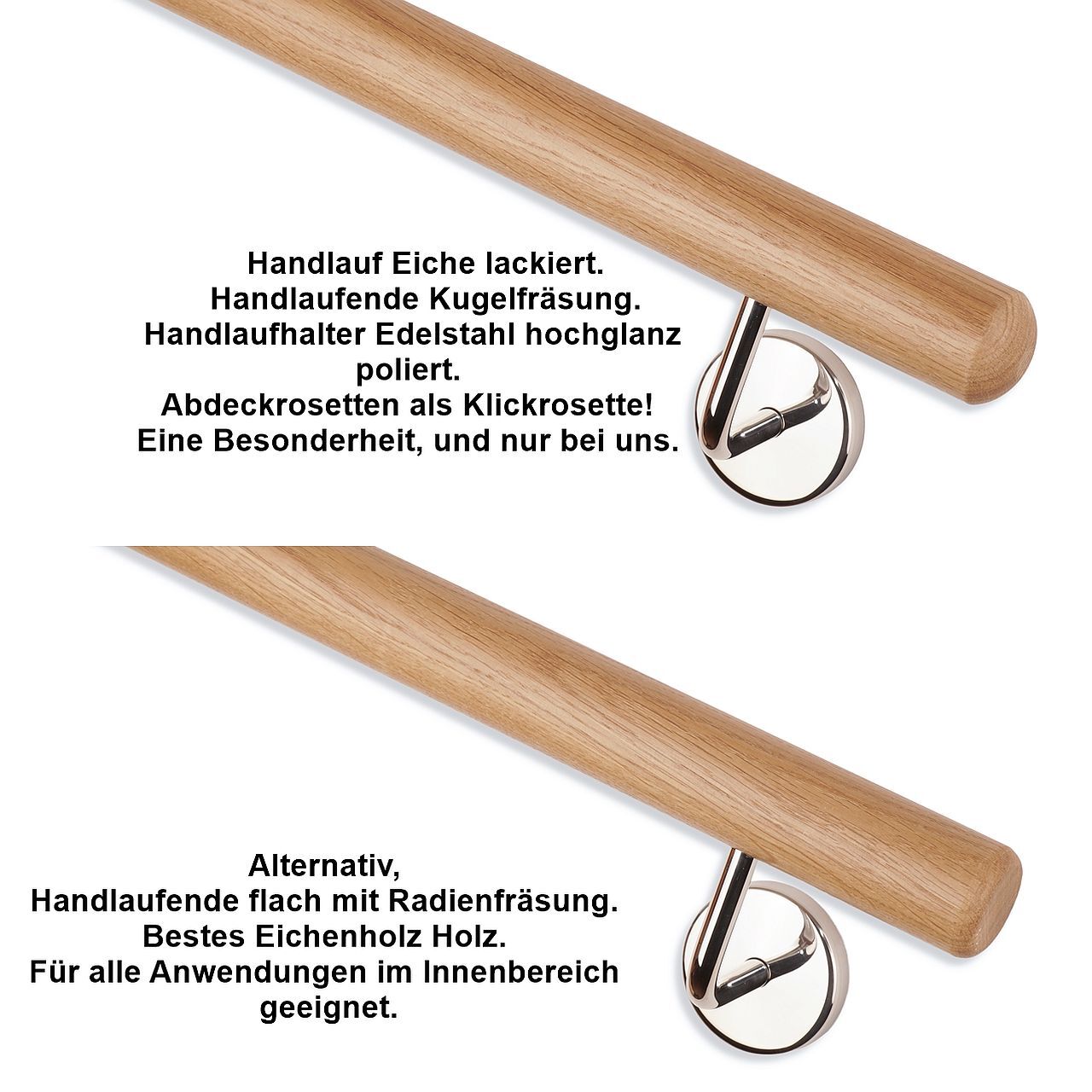 Handlauf Eiche Rundholz Länge auf Maß Handlaufhalter hochglanzpoliert.