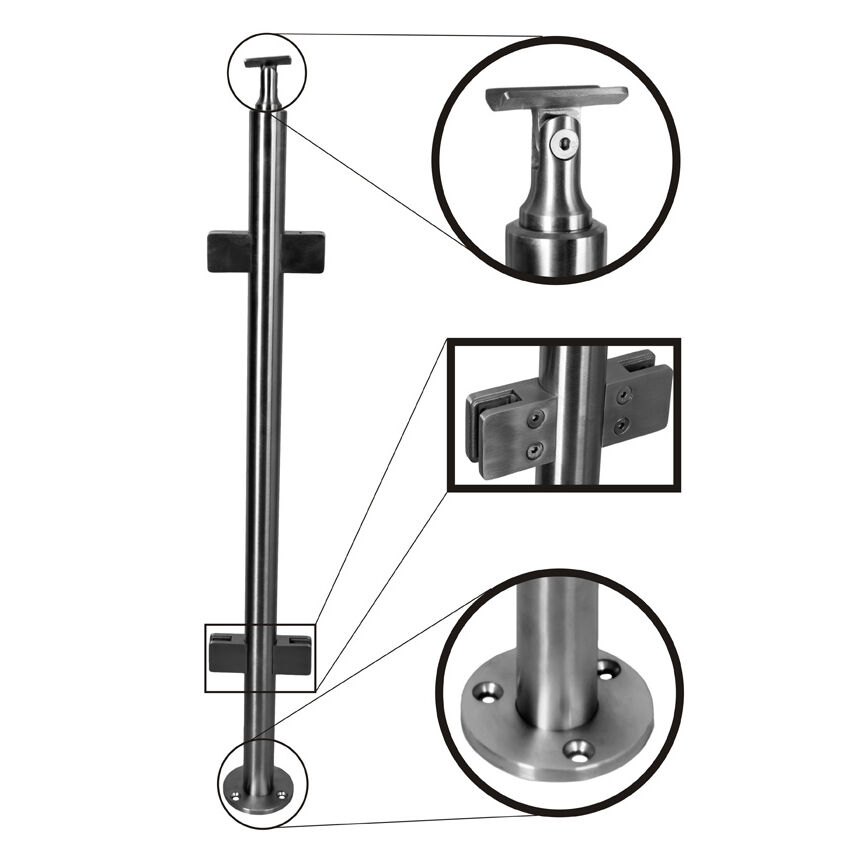 Edelstahl Geländerpfosten V2A mit 4 B02 Glas- und Plattenhaltern für Glas, Trespa und Lochblech